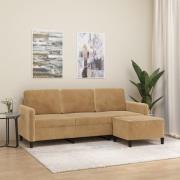 vidaXL 3-sitssoffa med fotpall brun 180 cm sammet
