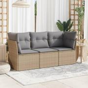vidaXL Soffgrupp för trädgården 3 delar med dynor beige konstrotting