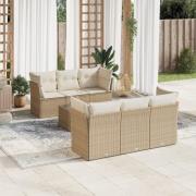 vidaXL Matgrupp för trädgården med dynor 7 delar beige konstrotting