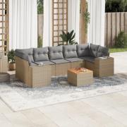 vidaXL Matgrupp för trädgården med dynor 8 delar beige konstrotting