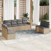 vidaXL Matgrupp för trädgården med dynor 8 delar beige konstrotting