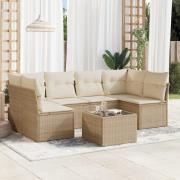 vidaXL Matgrupp för trädgården med dynor 7 delar beige konstrotting