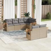 vidaXL Matgrupp för trädgården med dynor 7 delar beige konstrotting