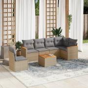 vidaXL Matgrupp för trädgården med dynor 7 delar beige konstrotting