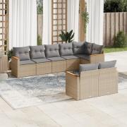 vidaXL Matgrupp för trädgården med dynor 8 delar beige konstrotting