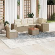 vidaXL Matgrupp för trädgården med dynor 7 delar beige konstrotting