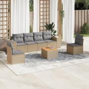 vidaXL Matgrupp för trädgården med dynor 7 delar beige konstrotting