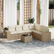 vidaXL Matgrupp för trädgården med dynor 7 delar beige konstrotting