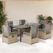 vidaXL Matgrupp för trädgården med dynor 7 delar beige konstrotting
