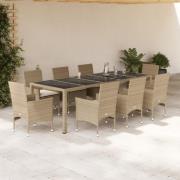 vidaXL Matgrupp för trädgård med dynor 9 delar beige konstrotting&glas