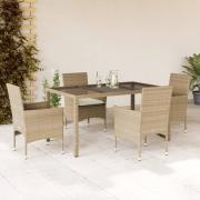 vidaXL Matgrupp för trädgård med dynor 5 delar beige konstrotting&glas