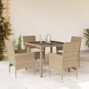 vidaXL Matgrupp för trädgård med dynor 5 delar beige konstrotting&glas