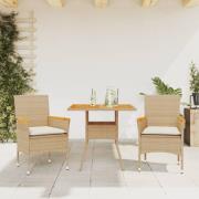 vidaXL Matgrupp för trädgården 3 delar med dynor beige konstrotting