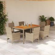 vidaXL Matgrupp för trädgården med dynor 7 delar beige konstrotting