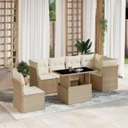 vidaXL Matgrupp för trädgården med dynor 7 delar beige konstrotting