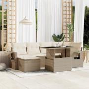 vidaXL Matgrupp för trädgården med dynor 7 delar beige konstrotting