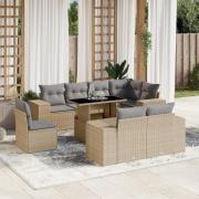 vidaXL Soffgrupp för trädgården med dynor 9 delar beige konstrotting