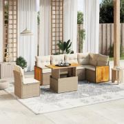 vidaXL Matgrupp för trädgården med dynor 7 delar beige konstrotting