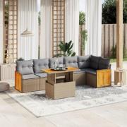 vidaXL Matgrupp för trädgården med dynor 7 delar beige konstrotting