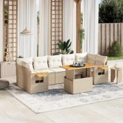vidaXL Matgrupp för trädgården med dynor 8 delar beige konstrotting