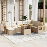 vidaXL Soffgrupp för trädgården med dynor 9 delar beige konstrotting