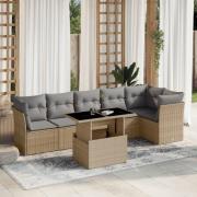 vidaXL Matgrupp för trädgården med dynor 7 delar beige konstrotting
