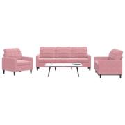 vidaXL Soffgrupp med dynor 3 delar rosa sammet