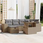vidaXL Matgrupp för trädgården med dynor 7 delar beige konstrotting