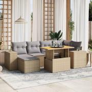 vidaXL Matgrupp för trädgården med dynor 7 delar beige konstrotting