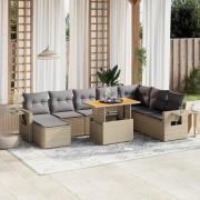 vidaXL Soffgrupp för trädgården med dynor 9 delar beige konstrotting
