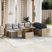 vidaXL Soffgrupp för trädgården med dynor 9 delar beige konstrotting