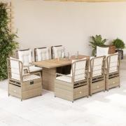 vidaXL Matgrupp för trädgården med dynor 9 delar beige konstrotting