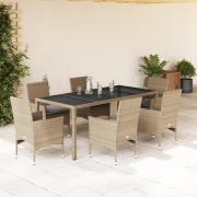 vidaXL Matgrupp för trädgård med dynor 7 delar beige konstrotting&glas