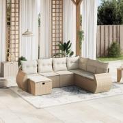 vidaXL Matgrupp för trädgården med dynor 7 delar beige konstrotting