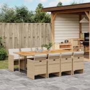 vidaXL Matgrupp för trädgården med dynor 9 delar beige konstrotting
