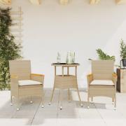 vidaXL Matgrupp för trädgård med dynor 3 delar beige konstrotting&glas