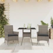 vidaXL Matgrupp för trädgården med dynor 3 delar grå konstrotting&glas
