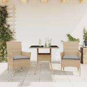 vidaXL Matgrupp för trädgård med dynor 3 delar beige konstrotting&glas