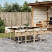 vidaXL Matgrupp för trädgården med dynor 9 delar beige konstrotting