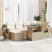vidaXL Matgrupp för trädgården med dynor 7 delar beige konstrotting