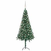 vidaXL Plastgran för hörn med LED och julgranskulor grön 210 cm PVC