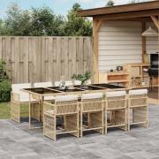 vidaXL Matgrupp för trädgården med dynor 9 delar beige konstrotting
