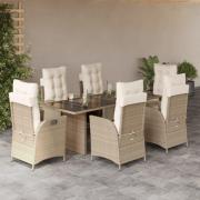vidaXL Matgrupp för trädgården med dynor 7 delar beige konstrotting
