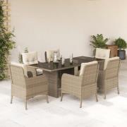 vidaXL Matgrupp för trädgården med dynor 7 delar beige konstrotting
