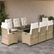 vidaXL Matgrupp för trädgården med dynor 9 delar beige konstrotting