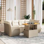 vidaXL Matgrupp för trädgården med dynor 7 delar beige konstrotting