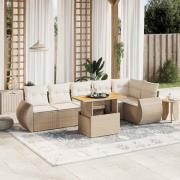 vidaXL Matgrupp för trädgården med dynor 7 delar beige konstrotting