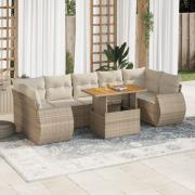 vidaXL Matgrupp för trädgården med dynor 8 delar beige konstrotting
