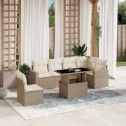 vidaXL Matgrupp för trädgården med dynor 7 delar beige konstrotting