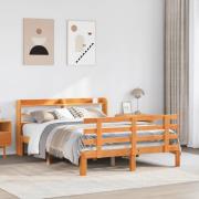 vidaXL Sängram med huvudgavel vaxbrun 160x200 cm massiv furu